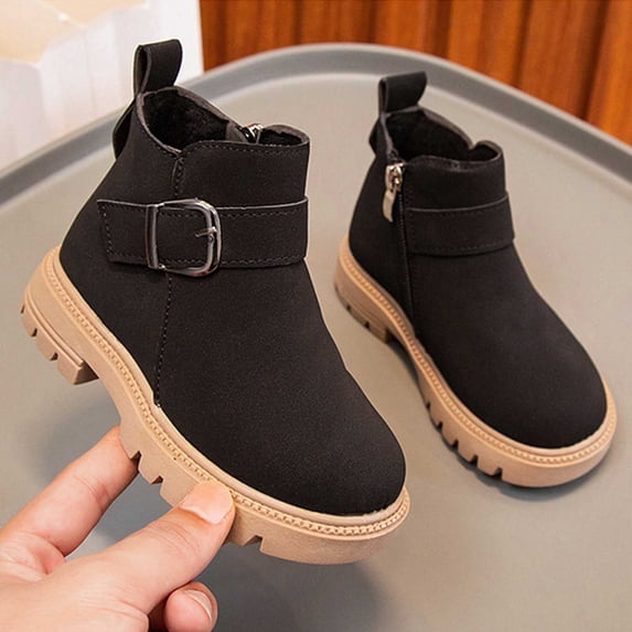 Cethrio Little Girls Ankle Boots, Soft Sole Breathable Slip-Resistant Buckle Strap Winter Shoes Black Size 11.5(Little Kids)