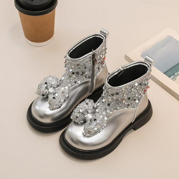 Cethrio Little Girls Booties, Non Slip Fashion Princess Zipper Winter Shoes Silver Size 13(Little Kids)