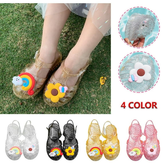 Cethrio Little Girls Jelly Sandals, Non-Slip Flat Sole Closed Toe Beach Summer Shoes Yellow Size 13