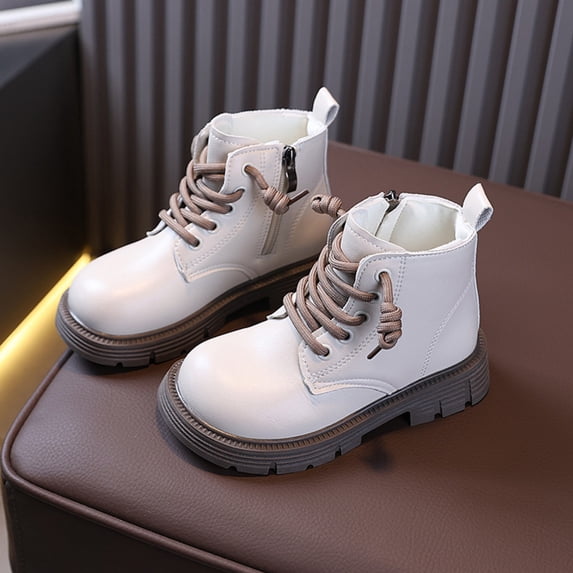 Cethrio Little Girls Lace Up Boots, Comfortable Fall Winter Round Toe Non-Slip Ankle Boots Beige Size 12.5 Little Kids