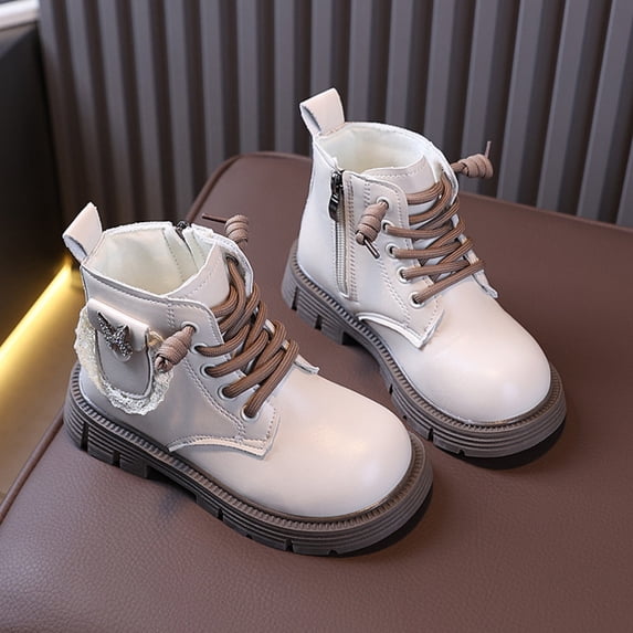 Cethrio Little Girls Lace Up Boots, Fashion Fall Winter Round Toe Side Zipper Ankle Boots Beige Size 12.5 Little Kids