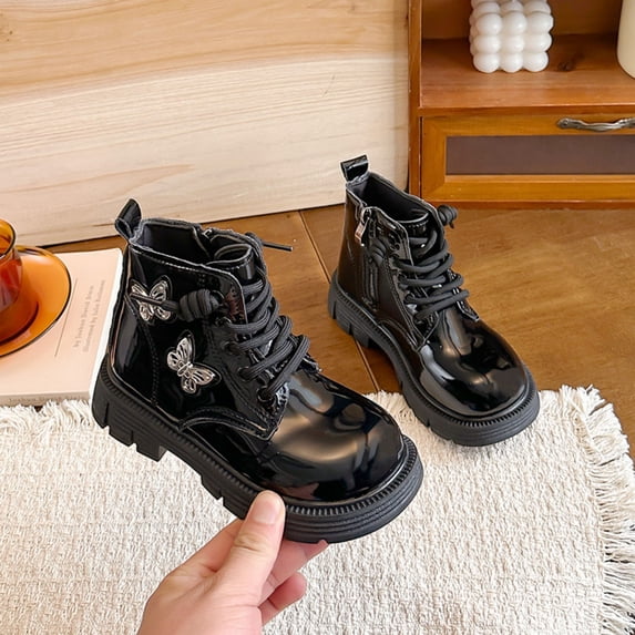 Cethrio Little Girls Lace Up Boots, Outdoor Non-Slip Fall Winter Round Toe Ankle Boots Black Size 13.5 Little Kids