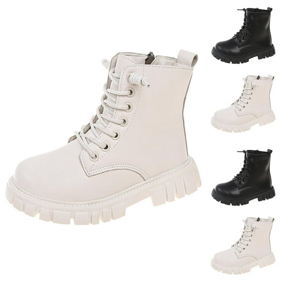 Cethrio Little Girls Lace Up Boots Size 13(Little Kids), PU Thermal Waterproof Non-slip Winter Shoes White