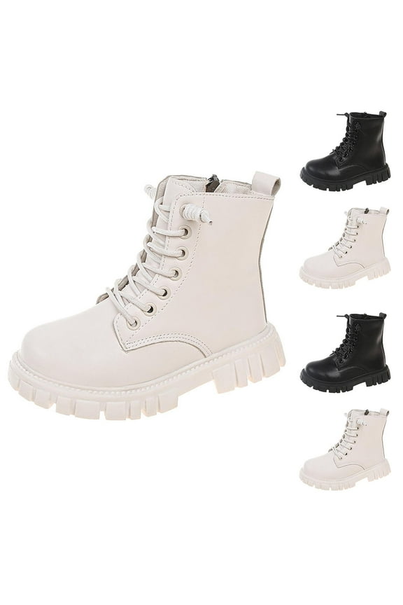 Little Girls Lace Up Boots Size 13(Little Kids), PU Thermal Waterproof Non-slip Winter Shoes White