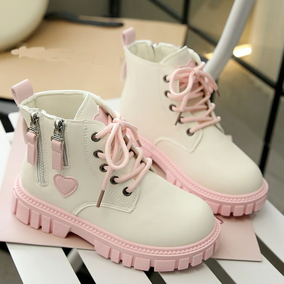 Cethrio Little Girls Lace Up Boots, Warm Zipper Snow Non Slip Winter Shoes Beige Size 13(Little Kids)