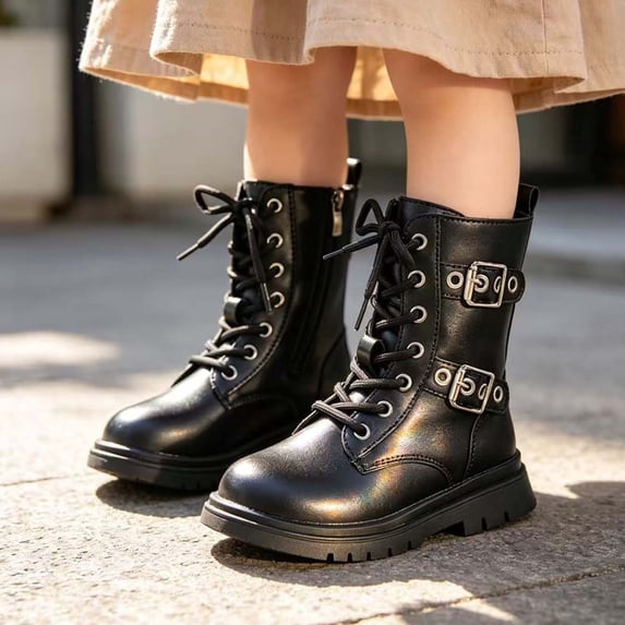 Cethrio Little Girls Mid-Calf Boots, Fall Winter Soft Sole Fashion Slip-Resistant Lace-up Boots Black Size 12(Little Kids)