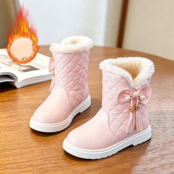 Cethrio Little Girls Mid-Calf Boots, Fleece Lined Pull-On Thermal Slip-Resistant Winter Shoes Pink Size 13(Little Kids)