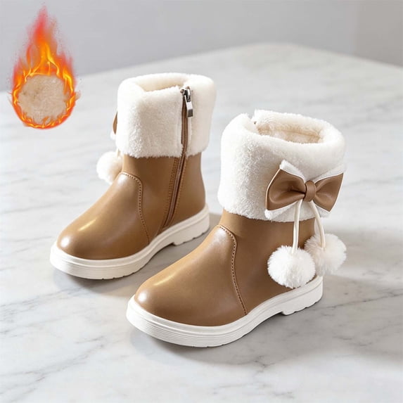 Cethrio Little Girls Mid-Calf Boots, Party Fleece Lined Non-Slip Side Zipper Winter Shoes Khaki Size 11.5(Little Kids)