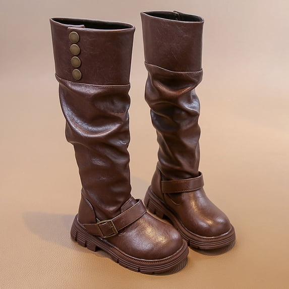 Cethrio Little Girls Riding Boots, Fall Winter Side Zipper Slip-Resistant Fashion Knee High Boots Brown Size 12(Little Kids)