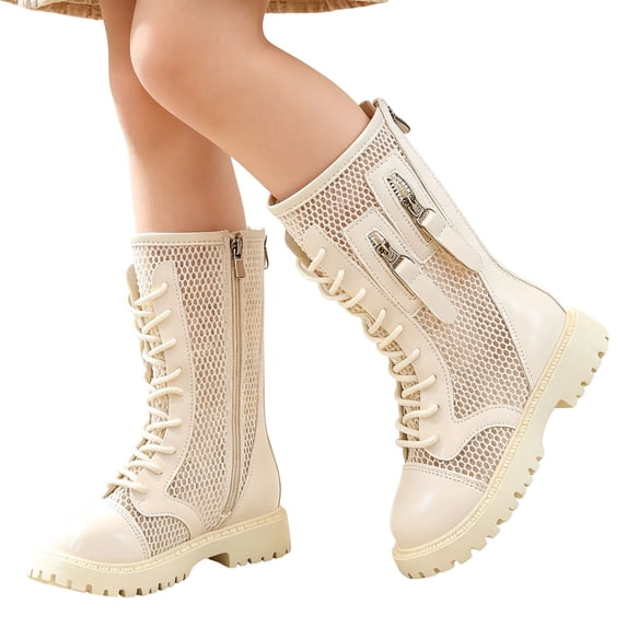 Cethrio Little Girls Riding Boots, Fashion Non-Slip Lace-up Breathable Mid Calf Boots White Size 11(Little Kids)
