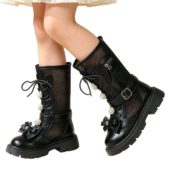 Cethrio Little Girls Riding Boots, Non-Slip Breathable Casual Lace-up Mid Calf Boots Black Size 11(Little Kids)