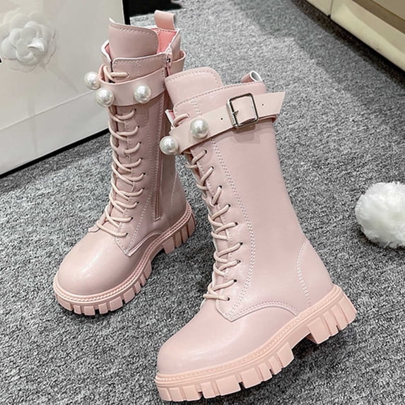 Cethrio Little Girls Riding Boots, Party Lace-up Fall Winter Slip-Resistant Mid Calf Boots Pink Size 13(Little Kids)