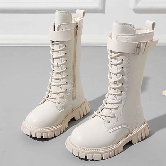 Cethrio Little Girls Riding Boots, Slip-Resistant Lace-up Casual Fall Winter Mid Calf Boots White Size 13.5(Little Kids)