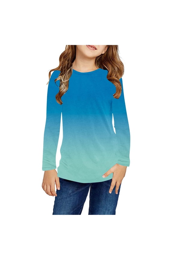 Long Sleeve Tops for Girl, Gradient Pullover Casual Spring and Autumn Undershirts Blue Size 7-8 T