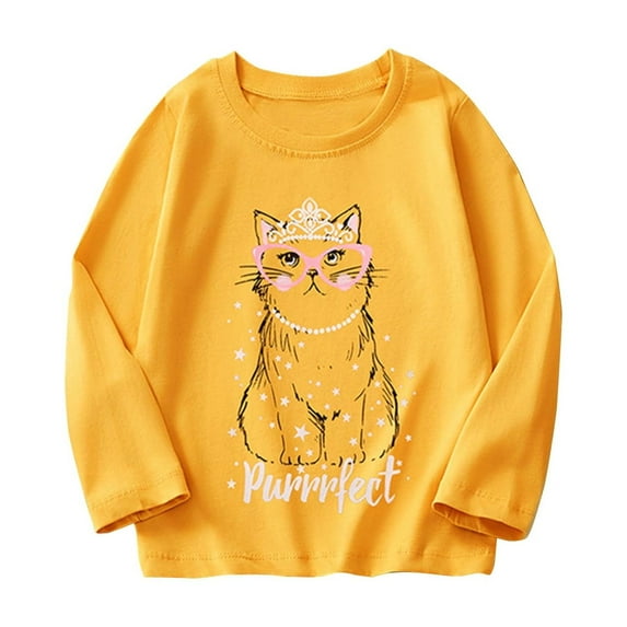 Cethrio Long Sleeve Tops for Girls 2025, Casual Graphic Cotton Pullover Spring Fall Blouses Yellow Size 5 T