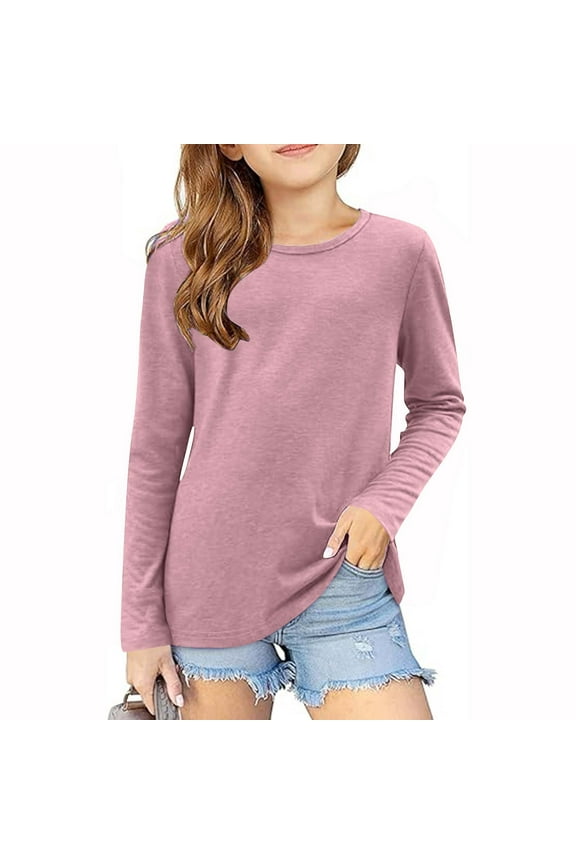 Long Sleeve Tops for Girls, Casual Crew Neck Pullover Fall Undershirts Pink Size 3-4 T