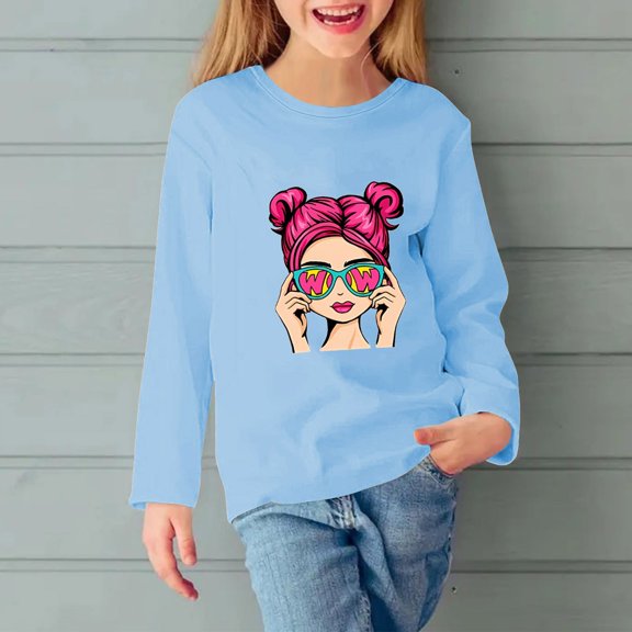 Cethrio Long Sleeve Tops for Girls, Casual Crewneck Printed Pullover Shirts Light Blue Size 3-4 T