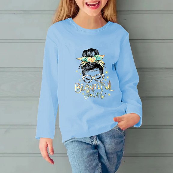 Cethrio Long Sleeve Tops for Girls, Casual Printed Crewneck Pullover Shirts Light Blue Size 7-8 T