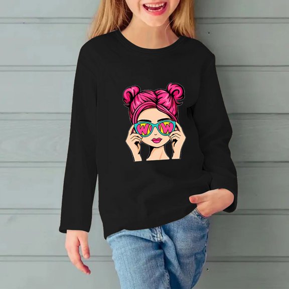 Cethrio Long Sleeve Tops for Girls, Crewneck Casual Printed Pullover Shirts Black Size 4-5 T