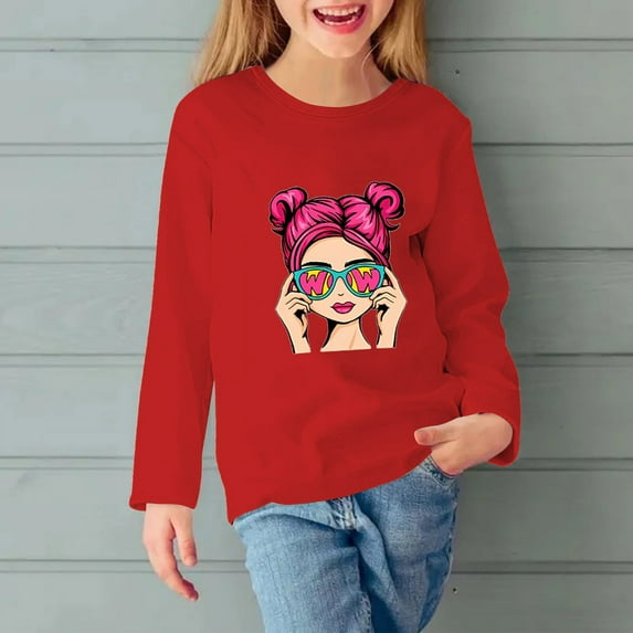 Cethrio Long Sleeve Tops for Girls, Crewneck Printed Casual Pullover Shirts Red Size 5-6 T