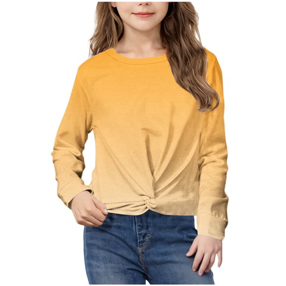 Cethrio Long Sleeve Tops for Girls, Gradient Print Casual Crew Neck Spring Blouses Yellow Size 5-6 T