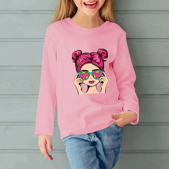 Cethrio Long Sleeve Tops for Girls, Printed Casual Crewneck Pullover Shirts Pink Size 3-4 T