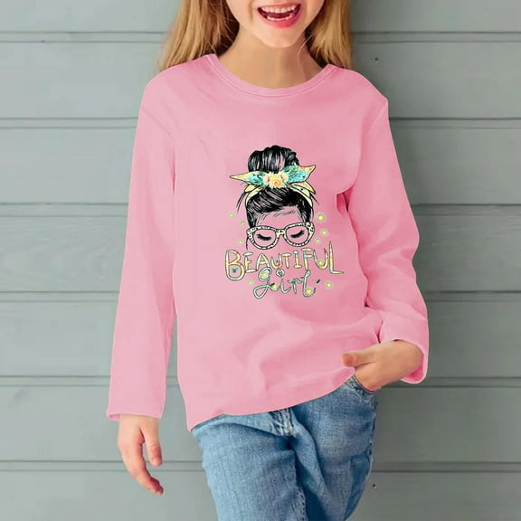 Cethrio Long Sleeve Tops for Girls, Printed Casual Crewneck Pullover Shirts Pink Size 7-8 T
