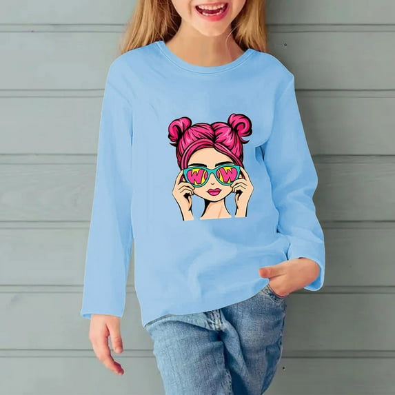 Cethrio Long Sleeve Tops for Girls, Printed Crewneck Casual Pullover Shirts Light Blue Size 4-5 T