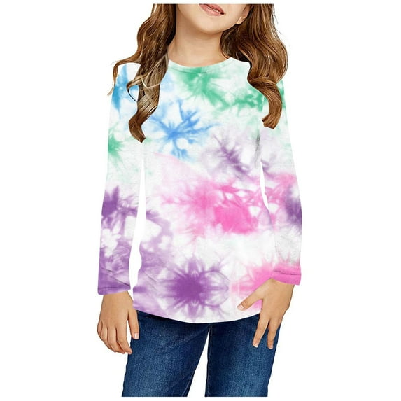 Cethrio Long Sleeve Tops for Girls, Tie Dye Casual Crew Neck Pullover Kids Clothes Multicolor Size 4-5 T
