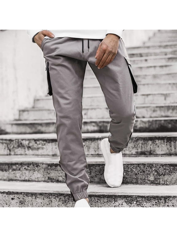 Mens Cargo Pants Relaxed- Slim Color Coded leggings drawstring Workout Sports Casual Outdoor Fall and Winter Casual Gray Cargo Pants Size S