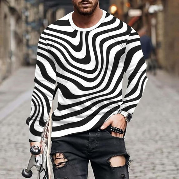 Wavsuf Mens Sweatshirts Crewneck Striped Casual Graphic Black Blouse Tops Size 3XL