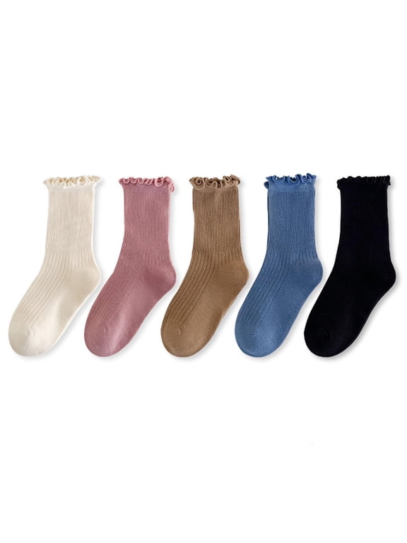 Mid Socks for Girls, 5 Pack Stretch Cotton Breathable Ruffle Sock Beige Size 1-3 T