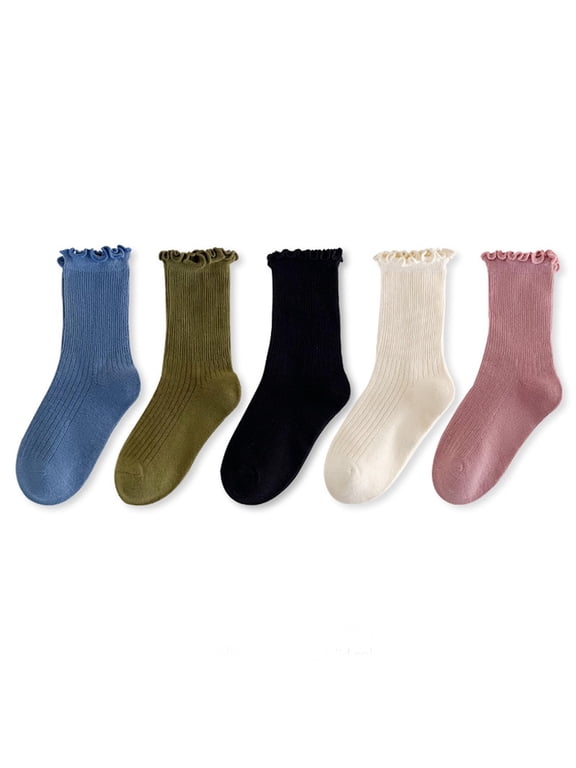 Mid Socks for Girls, Cotton Stretch Breathable 5 Pack Ruffle Sock Blue Size 6-8 T