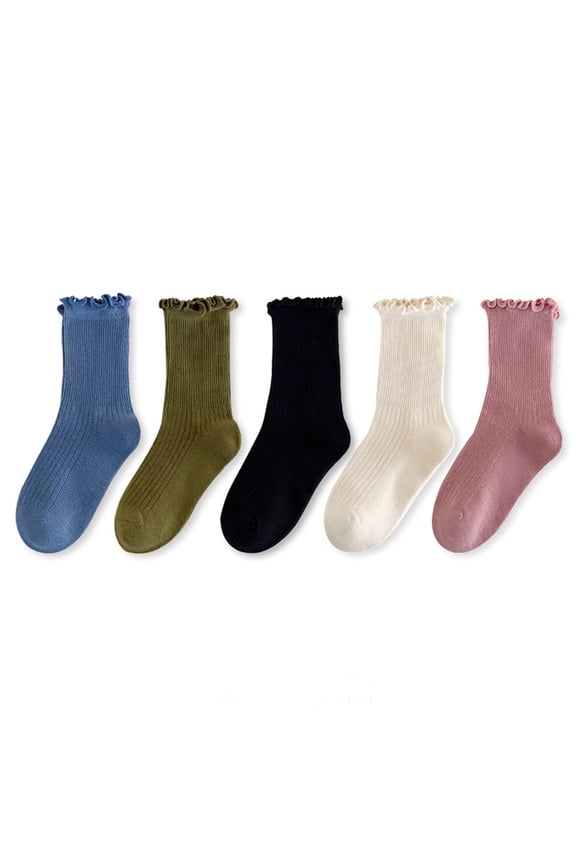 Mid Socks for Girls, Cotton Stretch Breathable 5 Pack Ruffle Sock Blue Size 6-8 T