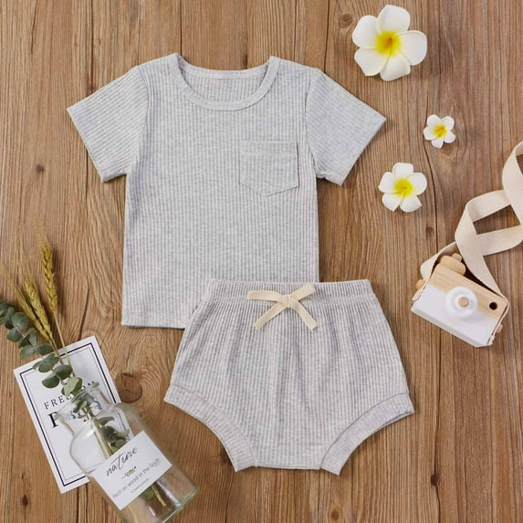 Cethrio Newborn Outfits Set Comfort Solid Short Sleeve Shorts Gray Two Piece Sets Size 0-6 Months