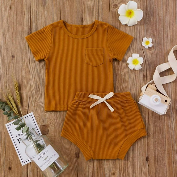 Cethrio Newborn Outfits Set Short Sleeve Shorts Solid Comfort Brown Two Piece Sets Size 18-24 Months
