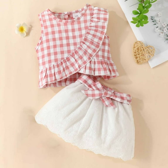 Wavsuf Newborn Outfits Set Skirt Sleeveless Bow Embroidery Plaid Ruffled Comfort Pink Clothes Sets Size 18-24 Months