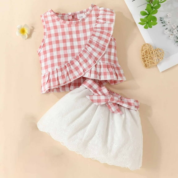 Cethrio Newborn Outfits Set Skirt Sleeveless Bow Embroidery Plaid Ruffled Comfort Pink Clothes Sets Size 9-12 Months