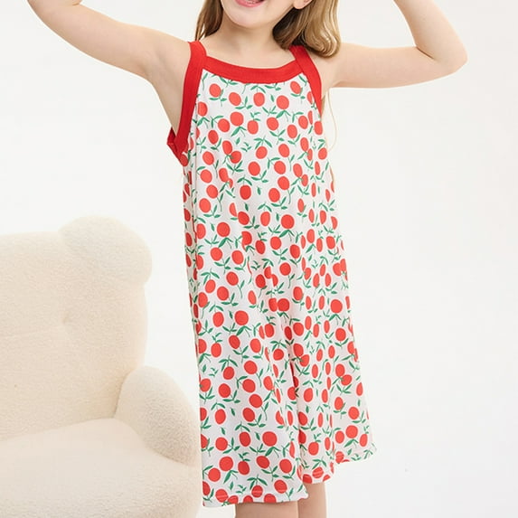 Cethrio Nightgowns for Girls, Printed Sleeveless Soft Lightweight Summer Sleepshirts Red Size 7 T