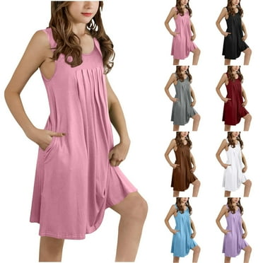 Cethrio Nightgowns for Girls, Soft Summer Pleated Front Sleeveless Sleep Dresses Pink Size 7-8 T