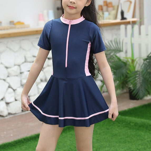 Cethrio One-piece Swimsuits for Girls, Quick Dry Short Sleeve Swim Dresses Bathing Suits Navy Size 3-4 T