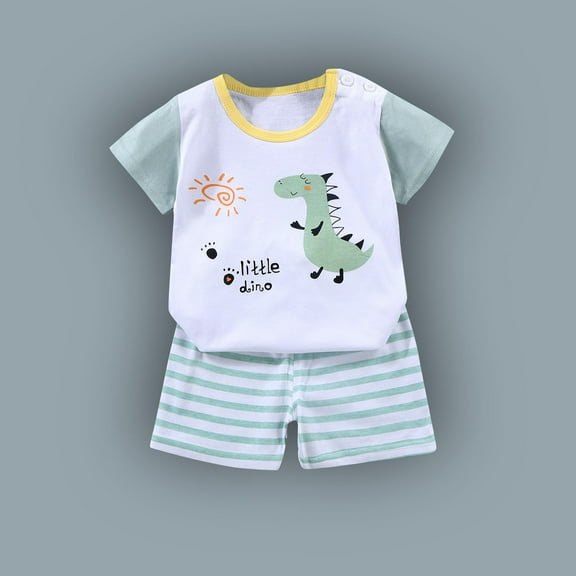 Cethrio Outfit Sets for Boys, Cotton Summer Short Sleeve Shirts and Shorts Set Green Size 3 T