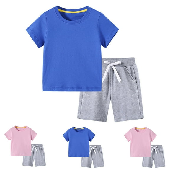 Cethrio Outfit Sets for Boys Girls, Summer Casual Cotton Shorts and Shirts Set Blue Size 2-3 T