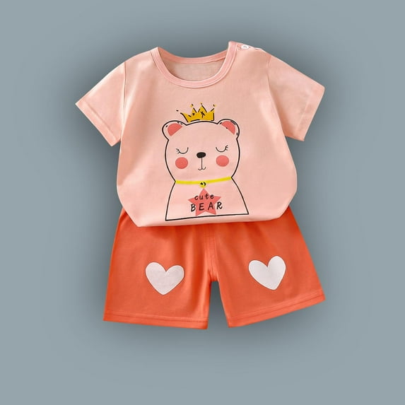 Cethrio Outfit Sets for Girls, Short Sleeve Summer Cotton Shirts and Shorts Set Pink Size 4 T