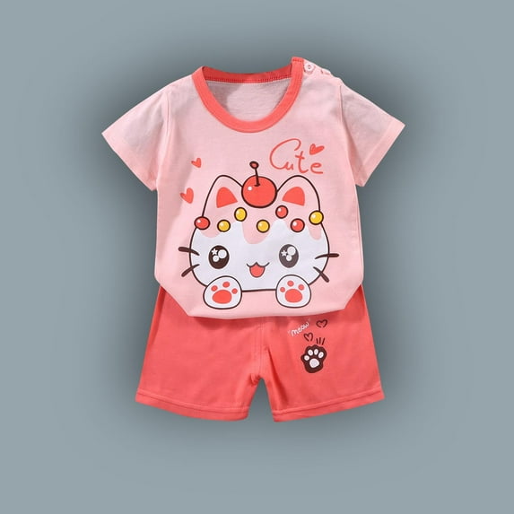 Cethrio Outfit Sets for Girls, Short Sleeve Summer Printed Shirts and Shorts Set Pink Size 1 T