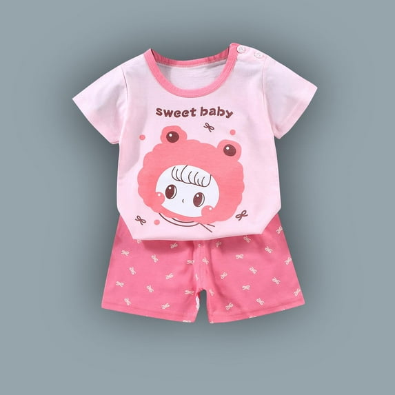 Cethrio Outfit Sets for Girls, Summer Short Sleeve Casual Shirts and Shorts Set Pink Size 6Months-7T