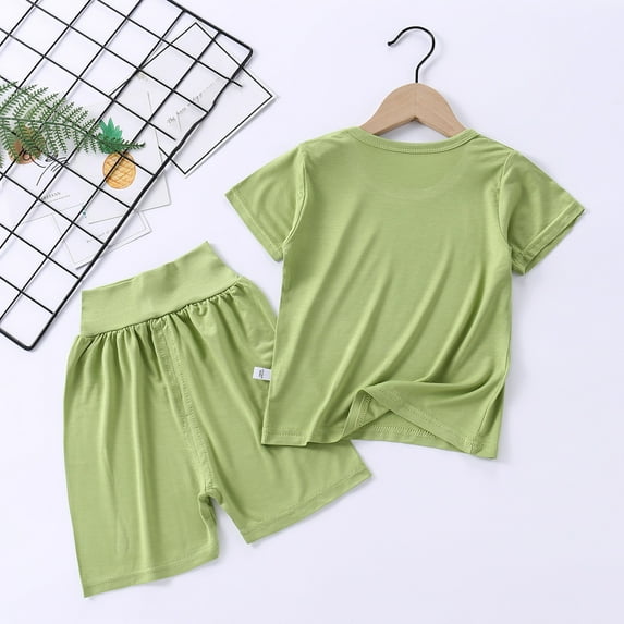 Cethrio Outfits Set Clothes for Kids Short Sleeve Shorts Comfort Crew Neck Solid Green Suit Size 2-3 Years