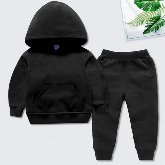 Wavsuf Outfits Set Clothes for Kids Top+Pant Hoodies Solid Casual Athletics Black Clothes Suit Size 9-10 Years