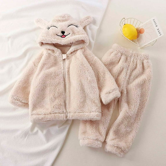 Wavsuf Outfits Set Clothes for Kids Top+Pant Zipper Warm Home Winter Beige Pajama Set Size 2-3 Years