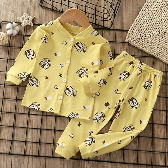 Cethrio Pajama Sets for Boys, Long Sleeve Buttons Cotton Thermal Fall Loungewear Yellow Size 3 T